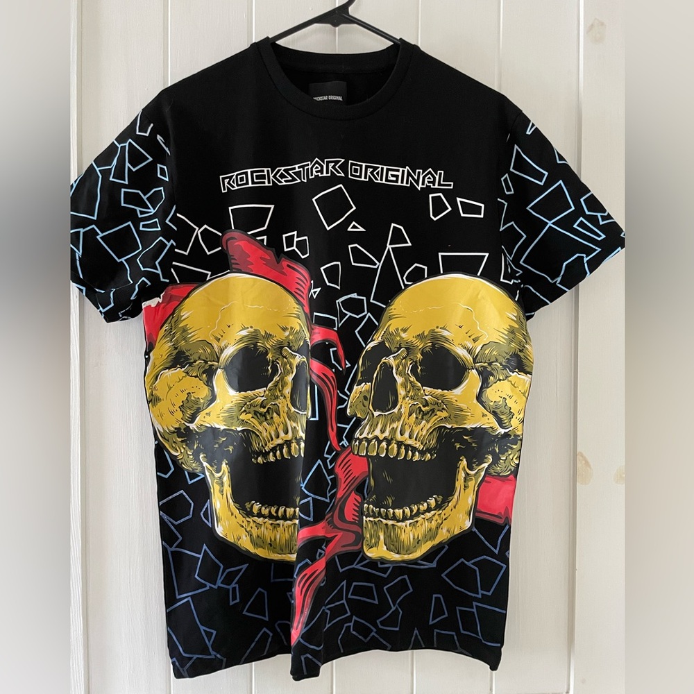 Rockstar Original Black DOUBLE SKULL Short Sleeve T-Shirt Size M